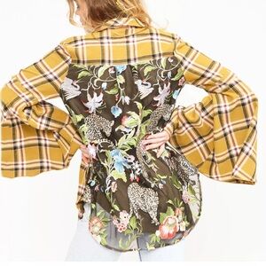 Aratta Silent Journey Mustard Plaid Bell Sleeves Blouse with Embroidery Medium